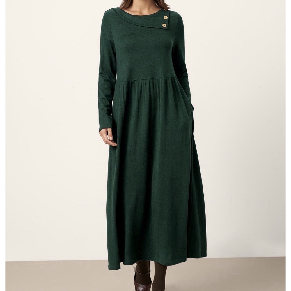 NWT Lintico Billie Wool Layer Neck Pleated Midi Dress Sz XL Pocket Green Holiday